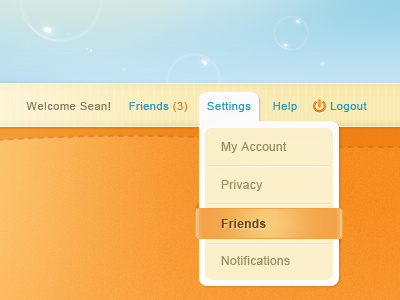 MeYou Health - Daily Challenge - top menu blue bubbles drop down header menu navigation orange texture ui website