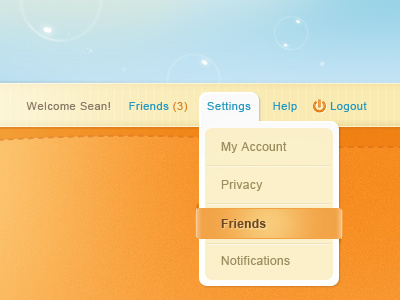MeYou Health - Daily Challenge - top menu orange blue bubbles header website ui navigation menu drop-down texture