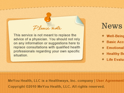 MeYou Health - Note (footer section) curve dashed footer lines meyou health note orange pin push pin stitch texture website