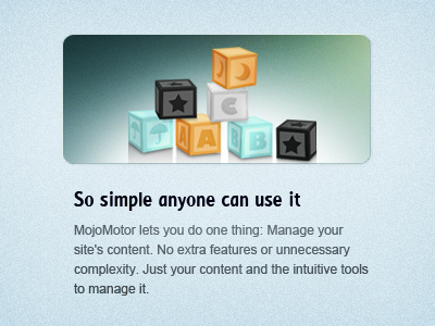 MojoMotor - Benefit Highlight (one of 6) abc black blue cubes feature highlight illustration orange teal text website