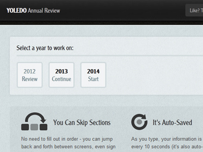 Yoledo Annual Review - Start / Launch screen annual application interface launch personal review saas ui web website wizard year end