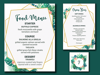 Wedding Menus & Table Number Presentation bar botanical design floral food menu number party table wedding