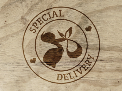 Special Delivery birthcard burned stamp stork wood