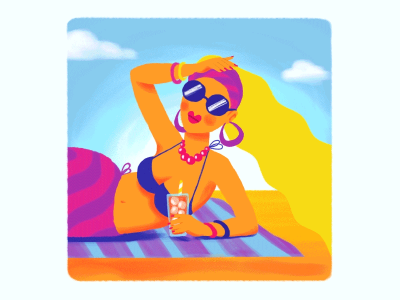 Sun bathing 2d animation animated gif animation beach drawing flatdesign girl illustraion lemonade motion design orange juice summer sun sunbath sunglasses tan woman