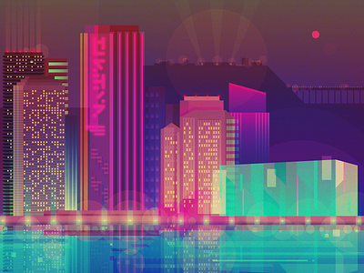 City by night 2d city colorful flat illustration landscape light neon night vector view