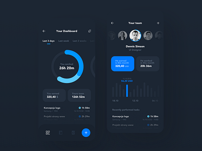 Mobile App Time Tracker (Dashboard and Team screen)