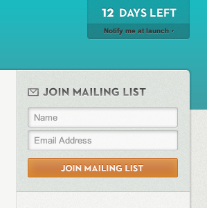 Pre launch micro-site button countdown fireworks form mailing list neutraface orange teal