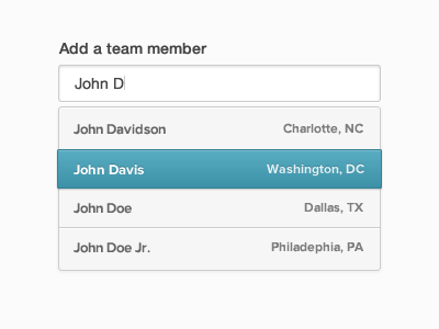 Add a team member... auto complete drop down fireworks form input