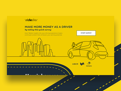 Ridester driving illustration landing page lyft postmates rideshare sketch survey transportation uber ubereats yellow