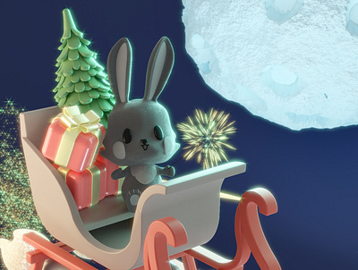 Old New 2k23 Year 3d bunny card christmas digital art illustration new year santas sleigh to the moon