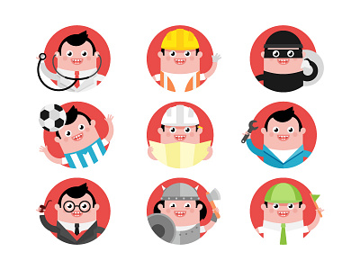 Men at work character design charaters engineer flat design icons male avatars people thief viking