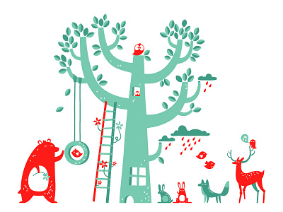 Forest themed wall decal animals children illustration deer forest fox rabbit tree vector illustration woodland creatures