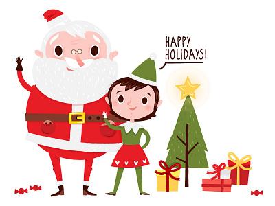 Happy Holidays! character character design children illustration christmas christmas tree elf gift holidays pine presents santa claus tree xmas