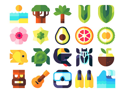 Tropical icons beach coconut diving fruit holidays nature sea summer summer icons travel tropical tucan vegetables