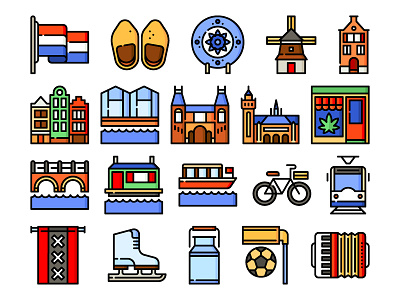 Holland Icons amsterdam bike bridge canal coffee shop flag flaticon free icons freepik holland icon design mill pottery skates travel travel icons