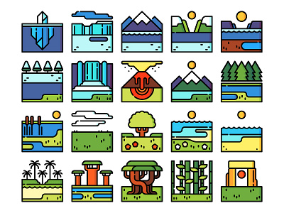 Landscape icons beach coast desert earth forest glacier iceberg icon design landscape landscape icons meadow mountains nature outdoors pines swamp tree volcano waterfall woods