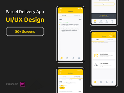 Parcel Delivery App - UI/UX Design android app black delivery design ios logistics parcel ui ux yellow
