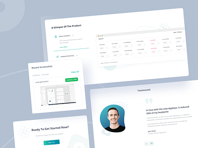 Time tracking landing UI components activity analytics app card components dashboard minimal project project management report screenshot testimonial time timeline timesheet tracker ui uidesign ux web