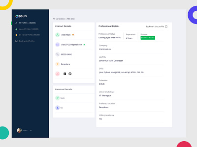 Candidate Profile Details Page candidate details candidate profile page database diversity job portal employees details employees details employer hiring hr software job board job portal jobs minimal ui