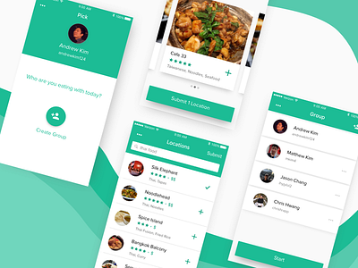 Pick - Decide Where to Eat app food friends green mobile restaurants ui ux