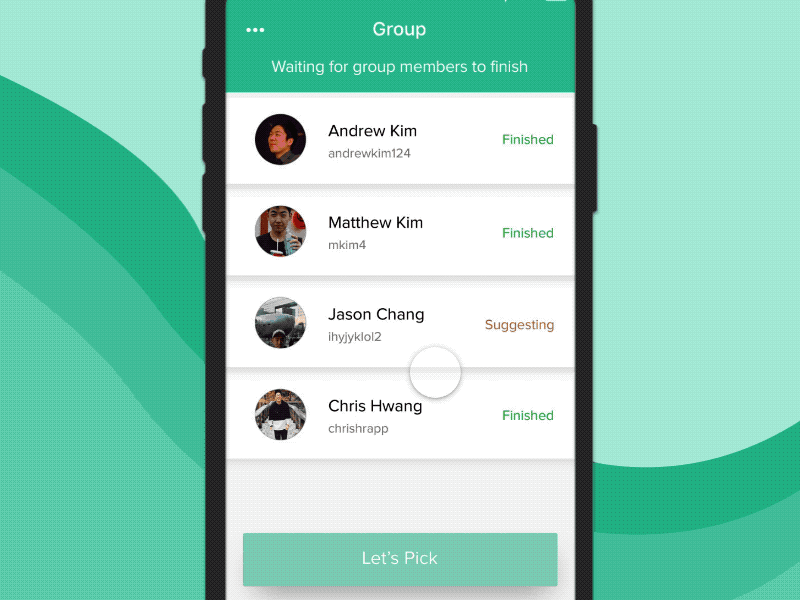 Pick - Waiting to Picking Transition animation app food friends green mobile restaurants slide transition ui ux