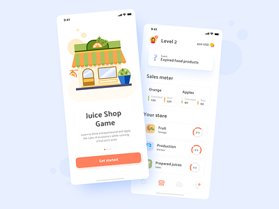 Juice Shop Game - app for future entrepreneurs app app design business button chart clean e-learning education entrepreneur flat game gamification illustration mobile orange store ui uiux ux vector
