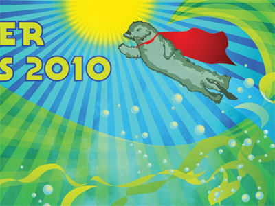 Otter Days - v2 blue bubbles green ocean otter red sky sun superhero waves yellow