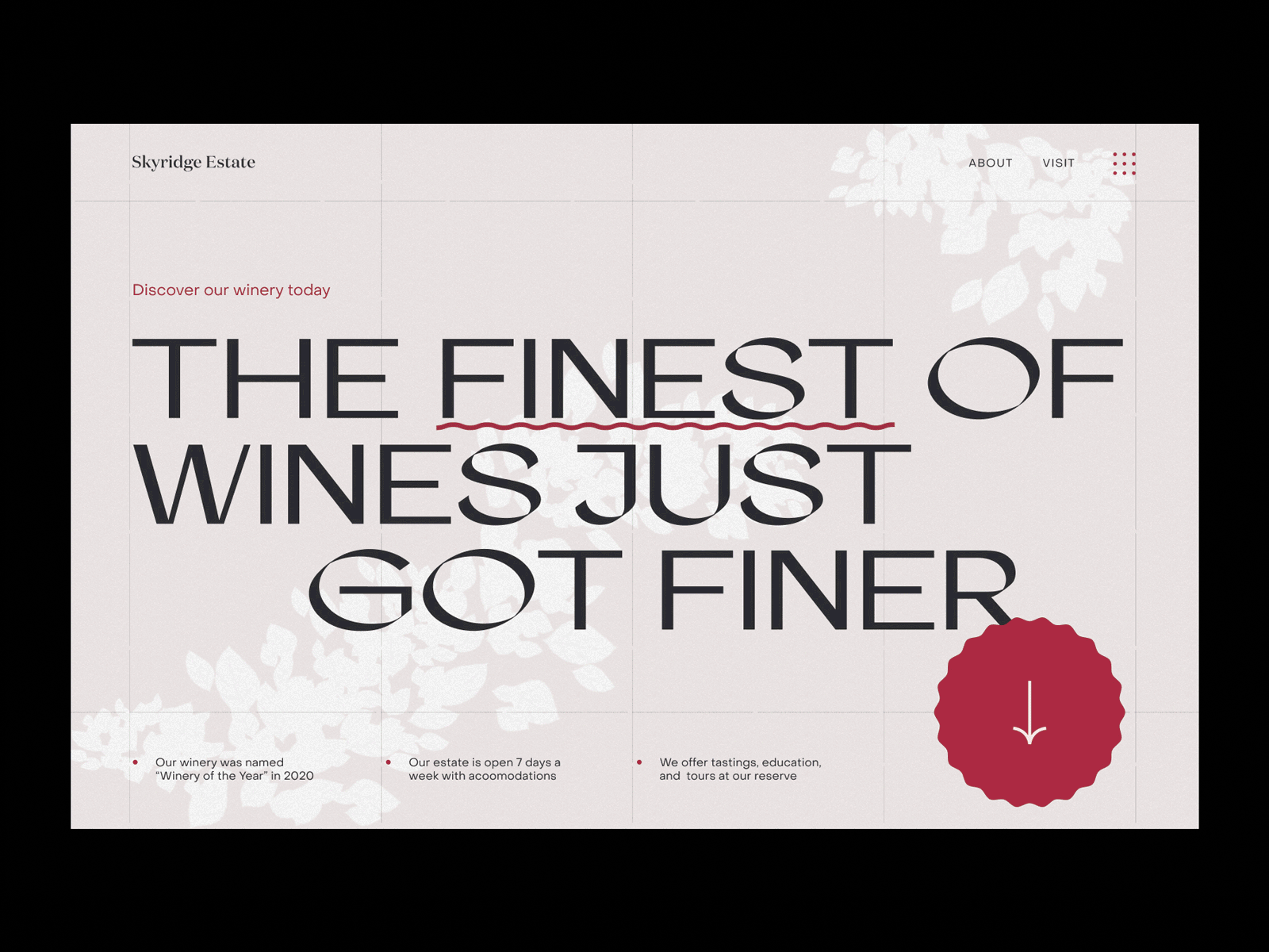 Skyridge Winery - Concept clean concept editorial grid grid layout landing landingpage magazine minimal restaurant serif travel typography ui vineyard visit webdesign wine winery