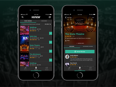 Venew App – venue screens app branding dark app interface design mobile app ui ux