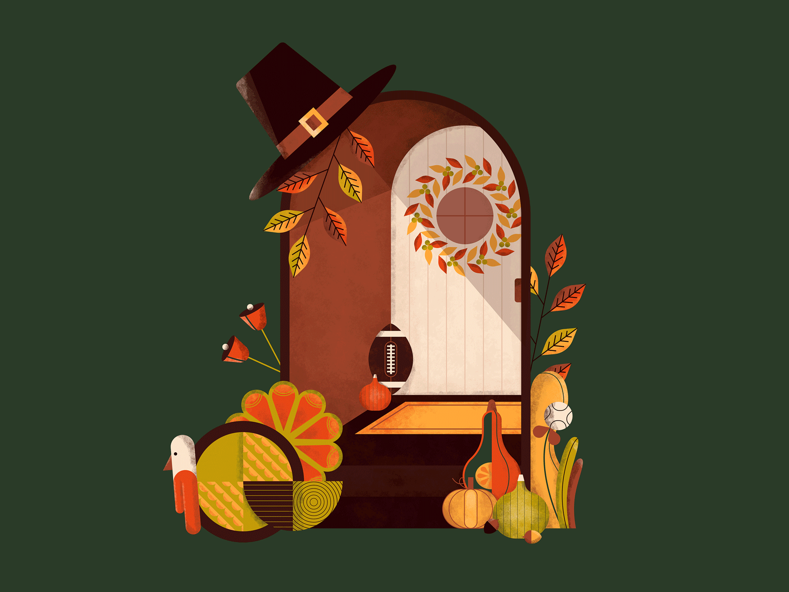 Thanksgiving '19 animation design door fall football gourd holiday illustration leaves thankful thanksgiving turkey