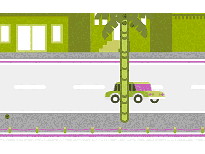 Boulevard Scene buildings bus car palm