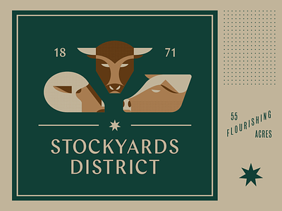 Stockyards District Sign badge badgedesign brown bull chap green icons livestock logo pig sheep star