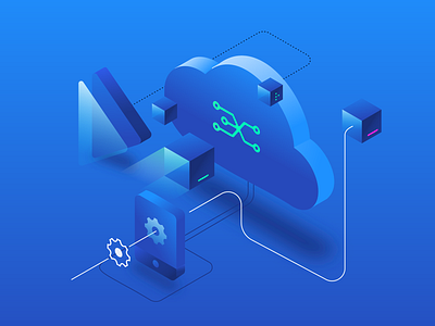 Web illustration blue box building bulb charts cloud data documents filter folder form illustrations isometric illustration key mchine problem solving process puzzles server system