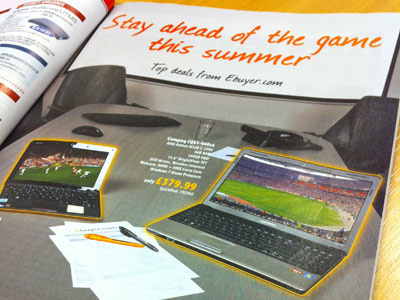 PC Pro Magazine - World Cup advert grey laptops orange photography print