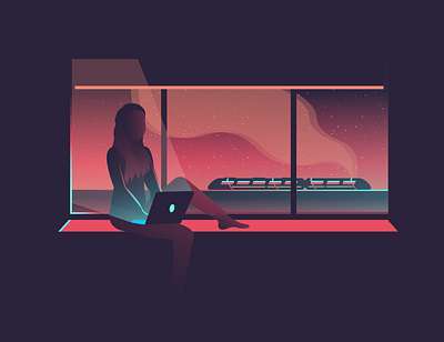 Eat, sleep, sims, repeat. adobe adobeillustrator design illustration laptop lockdown quarantine sims stars sunset train view window
