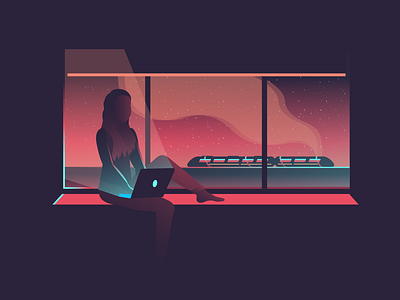 Eat, sleep, sims, repeat. adobe adobeillustrator design illustration laptop lockdown quarantine sims stars sunset train view window