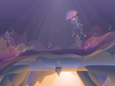 Water vs Land fish illustration jellyfish landscape ocean underwater