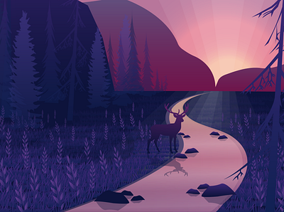 Forest scene adobe adobeillustrator dear design grass illustration landscape mountains river sun sunset vector