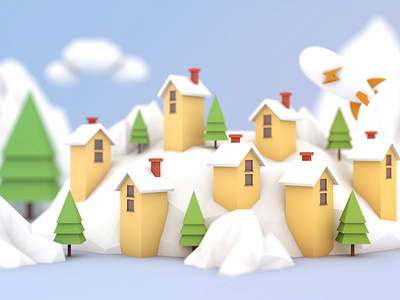 Daily exercise/03 c4d cloud hill house mountain rocket snow snowmountain tree yellow