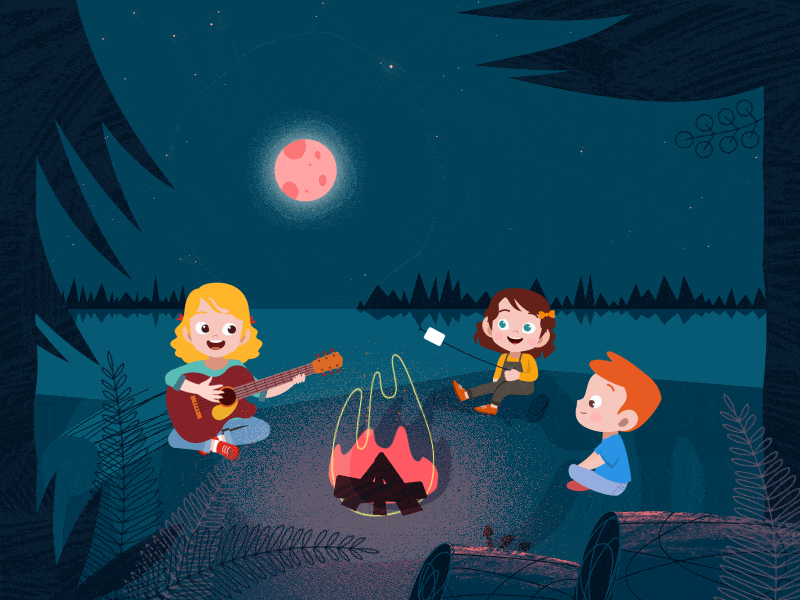 Campfire Simply. aftereffects character gif grain guitar illustration lake loop marshall moon motion motion graphic motiondesign motiondesignschool night people plants woods