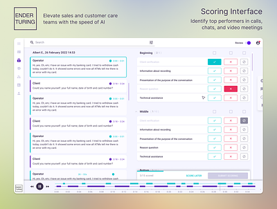 Ender Turing - AI powered speech analytics, scoring interface ai analytics coaching feedback scorecard scoring self coaching speech ui