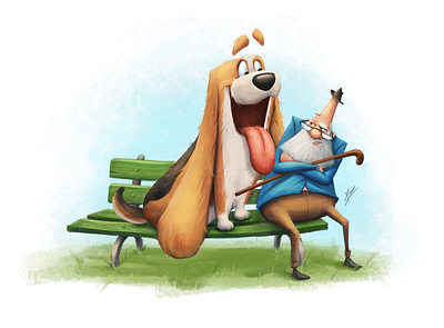 park bench cartoon character character design characterconcept design dog illustration illustration art oldman
