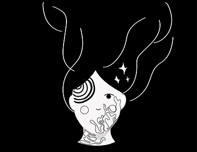 faces black and white circle eye girl hair illustration line art minimal simple swirl