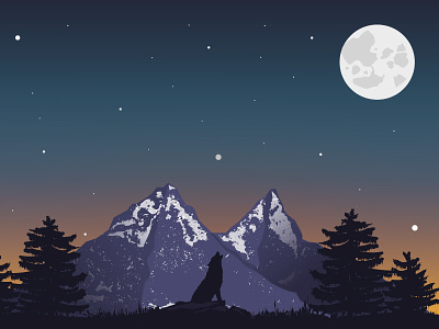 Illustration : sunset on a mountain illustration illustrator landscape moon mountains nature sunset vector wolf