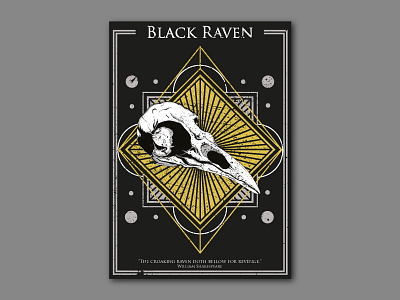 Black Raven bird drawing grunge hand draw illustration poster skeleton skull