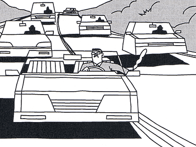 Traffic comic drive frame highway hour illustration man road rush scene traffic travel