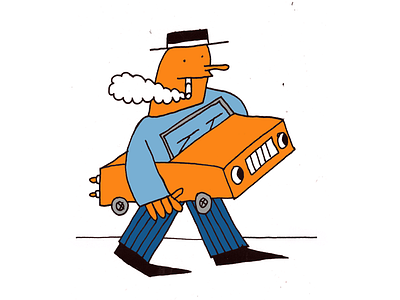 A Man Walking Out from Work on a Friday. car cigarette friday hat illustration job man out silly smoke walking work