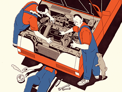 TIP TOP car care engine engineer fix illustration mechanic repair service team tools workshop