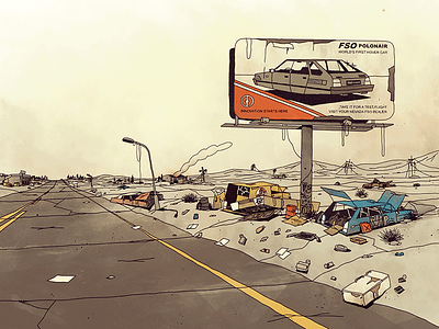 Nevada cars comic dark desert dust future highway illustration road rust town view