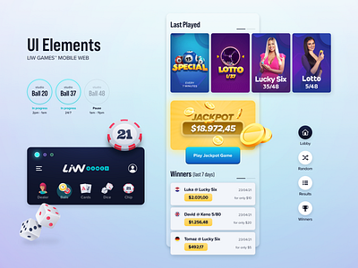 LiW Games UI Elements 3d icon atomic design badges branding casino client work composition design system gaming icon set illustration art jackpot lobby logo lotto photo retouch simple clean interface typogaphy ui winners